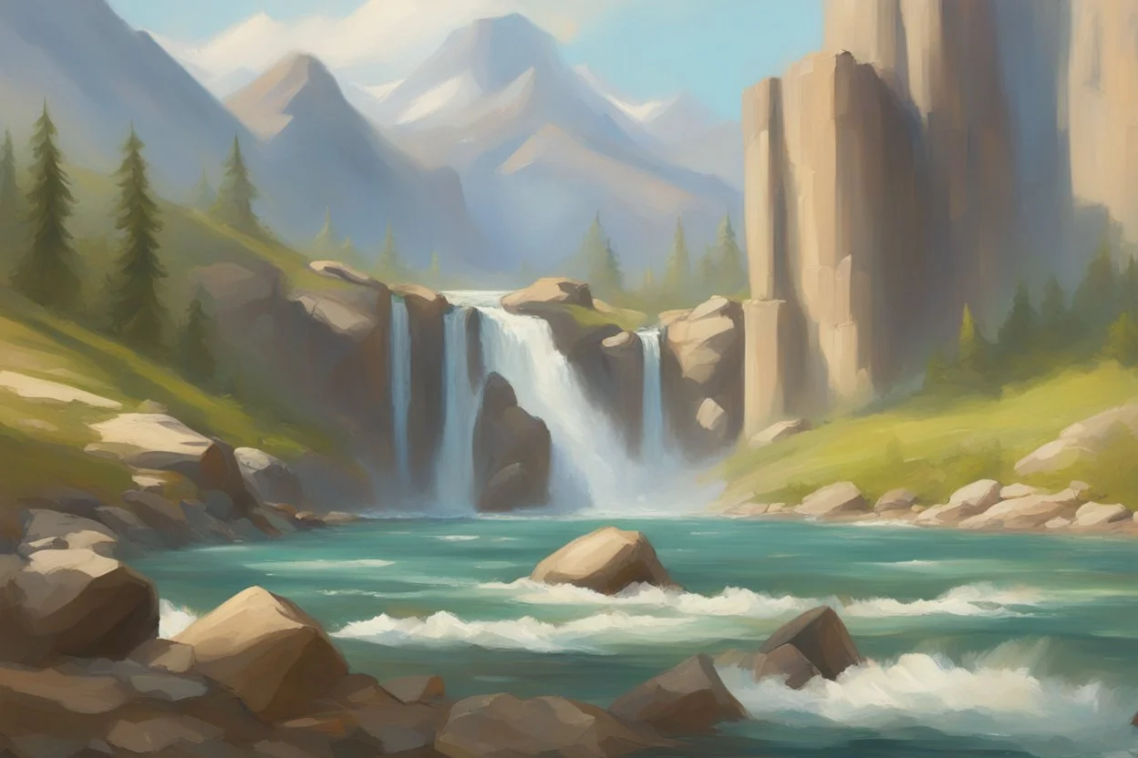 sunny day, rocks, waterfall, mountains, videogame influence of need for speed, anna boch impressionism paintings