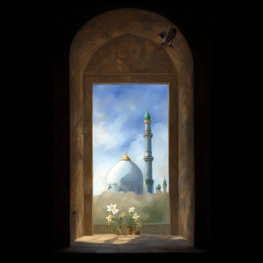 shado of people to jamkaran mosque in Iran has more blue green color and gold for pattern islamic in the dome . one big domes with beautiful lighting . white Daffodil flower in the floor , clouds with small birds in sky with crescent moon of ramdan . painting watercolor ,simple and islamic style , Painting like Vincent van Gogh style