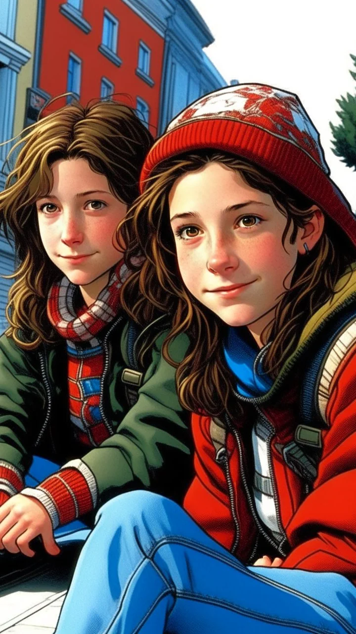 iki kız beraber sokakta oturuyorlar yaşları daha büyük liseliler daha renkli kızlardan birinin saçı kabarık diğerininki ise biraz uzun ve örgülü yaşları biraz daha büyük