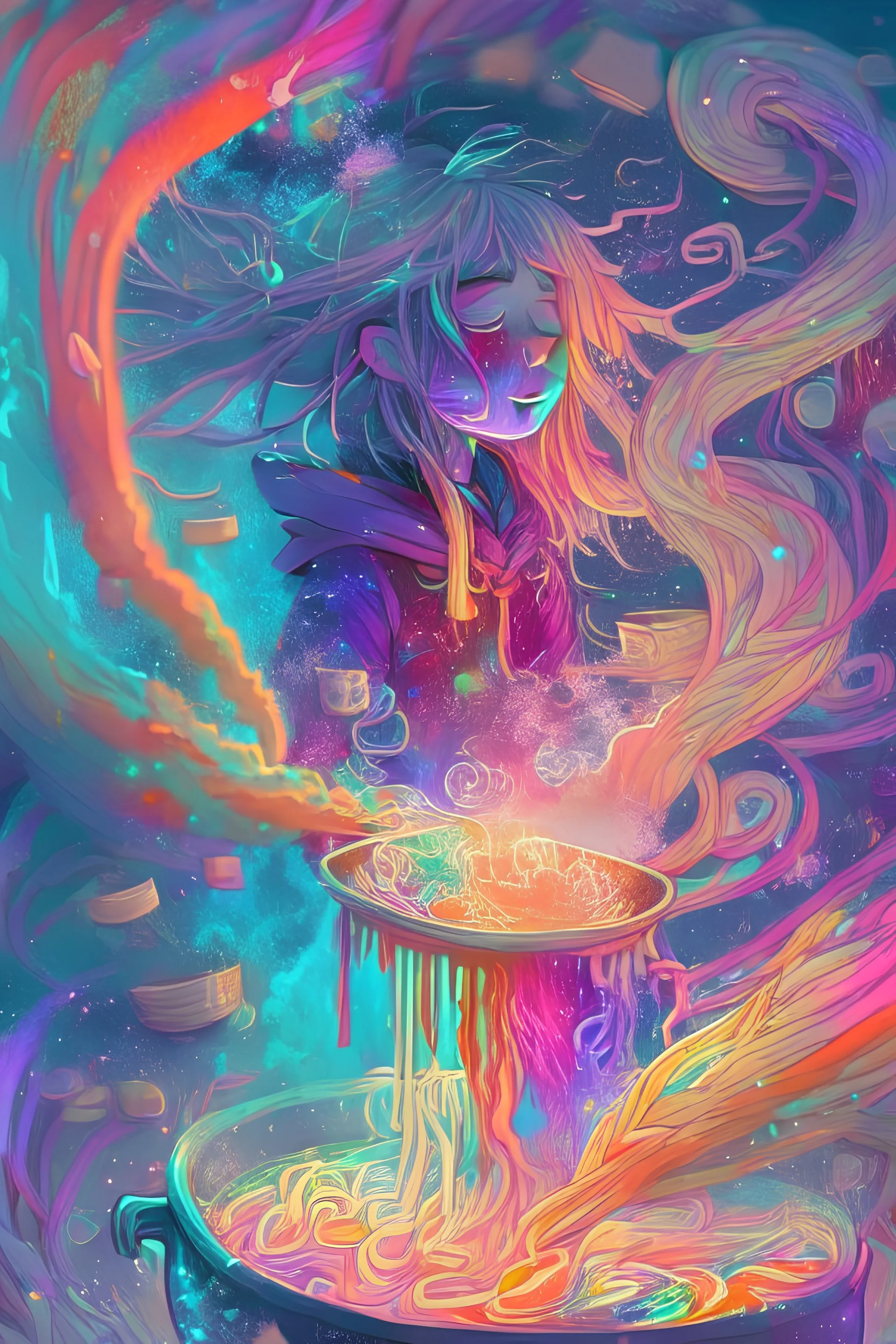 magic noodle soup that is a portal to another dimension with lots of colours and dust girl effects, by addie digi