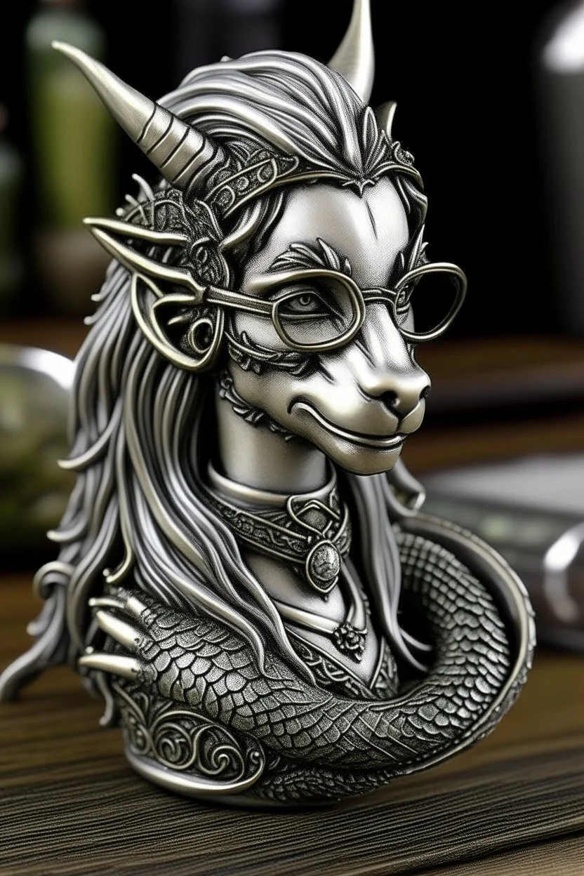 medieval silver dragonborn lady with glasses