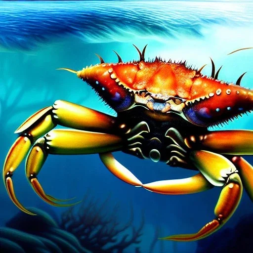 ultra detailed fullbody Drawing of Sea monster Crab underwater , extremely detailed digital painting, intrincate, extremely detailed face,crystal clear Big eyes, in the style of Frank Frazetta, mystical colors , perfectly centered image, perfect composition, rim light, beautiful lighting, 8k, stunning scene, raytracing