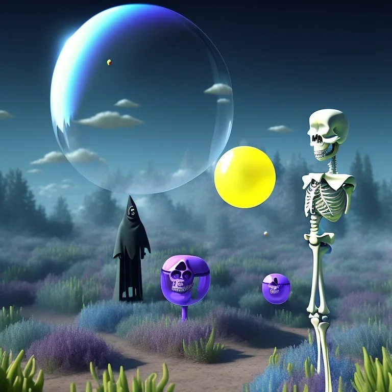 The Grim Reaper and the Skeleton on bubble world, discussing the future of the universe, art by Magritte and Pixar