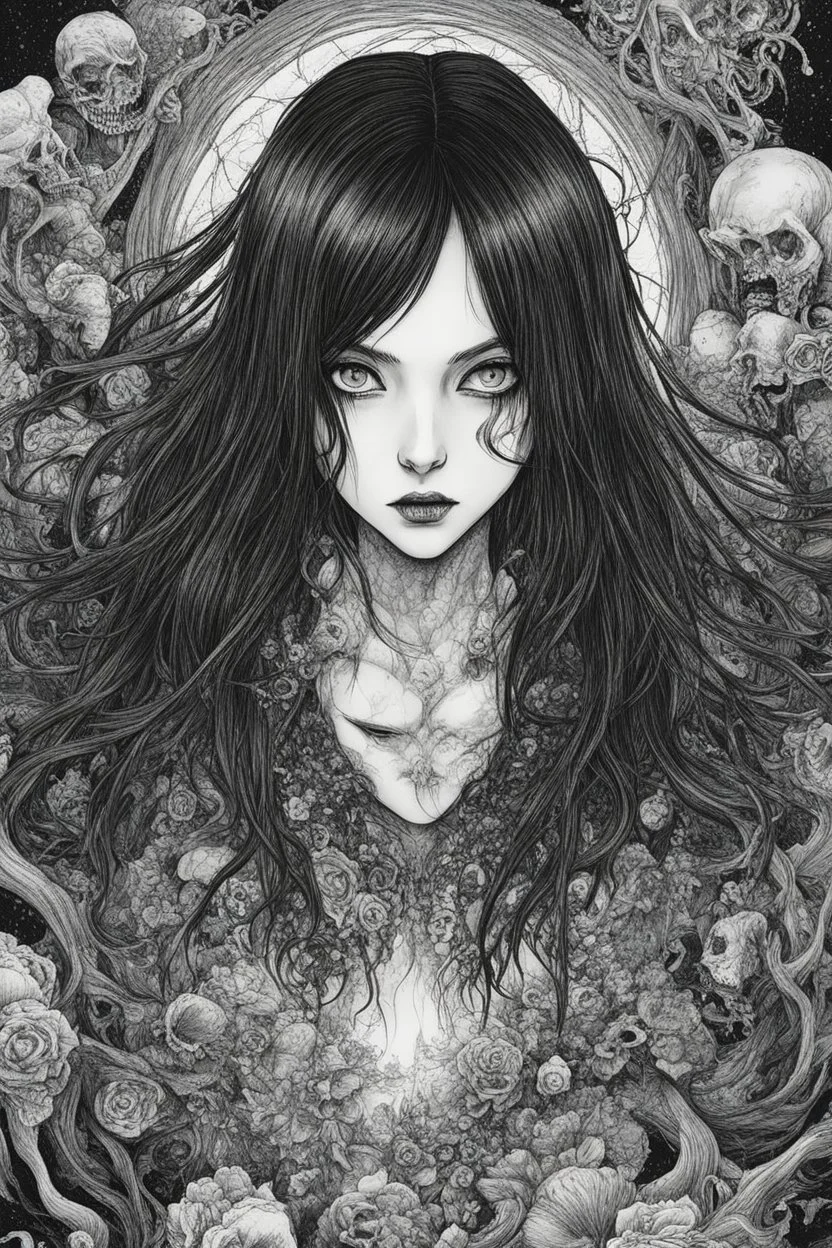 create a horror manga illustration of a dark haired, savage, ancient vampire girl with highly detailed , sharply defined feminine facial features, in a chaotic, turbulent, otherworldly London in the manga style of Junji Ito, precisely drawn, inked, with dramatic edges,