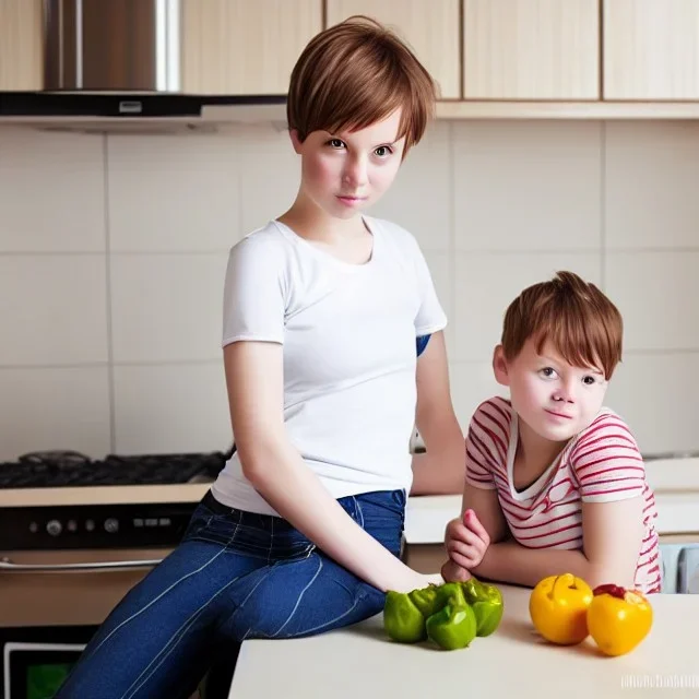 Realistic photo Russian shorthair beautiful tomboy boyish boylike young mother-in-future wide hips in kitchen