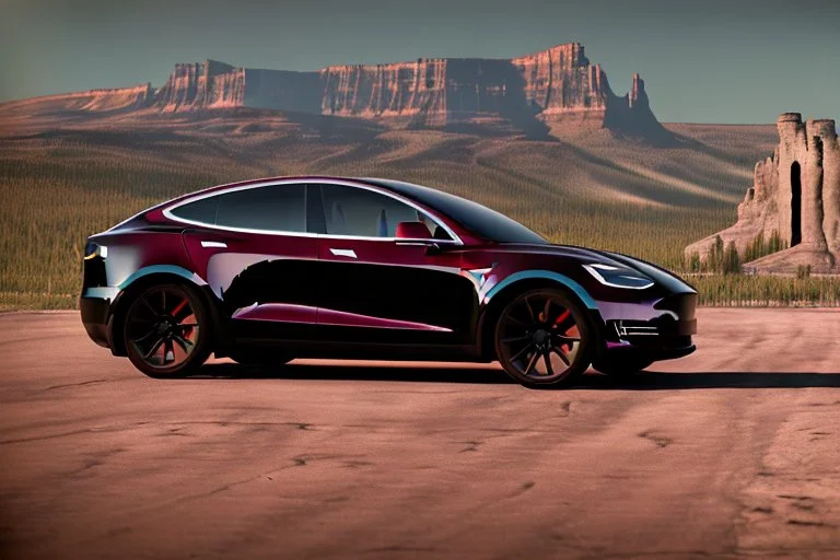 A Tesla 'Model Y' is parked, near the 'Devils Tower' in Wyoming. (CINEMATIC, WIDE ANGLE LENS, PHOTO REAL)