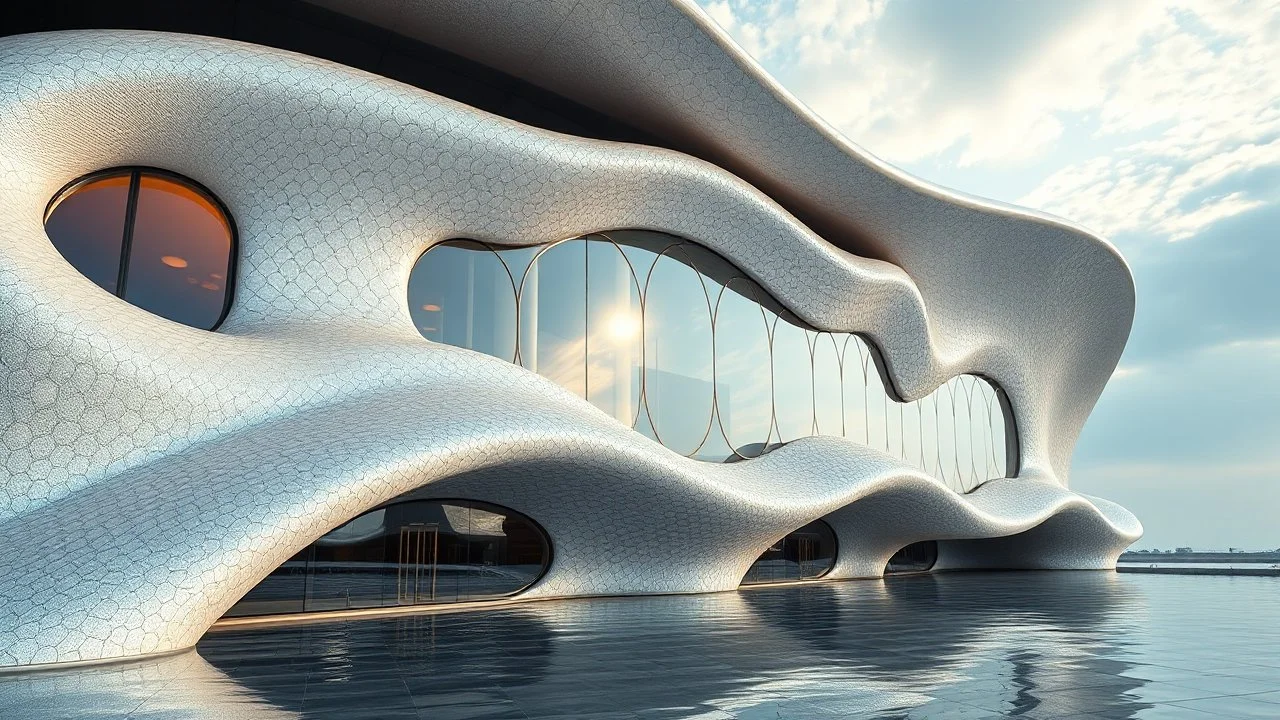 A futuristic building inspired by the fluidity of ocean waves, with undulating, curved walls made of shimmering, semi-transparent materials. The structure boasts large, oval windows that reflect the sunlight like a myriad of seashells.A futuristic building inspired by the fluidity of ocean waves, with undulating, curved walls made of shimmering, semi-transparent materials. The structure has large, oval windows that reflect the sunlight like a myriad of seashells. award-winning photograph, beauty