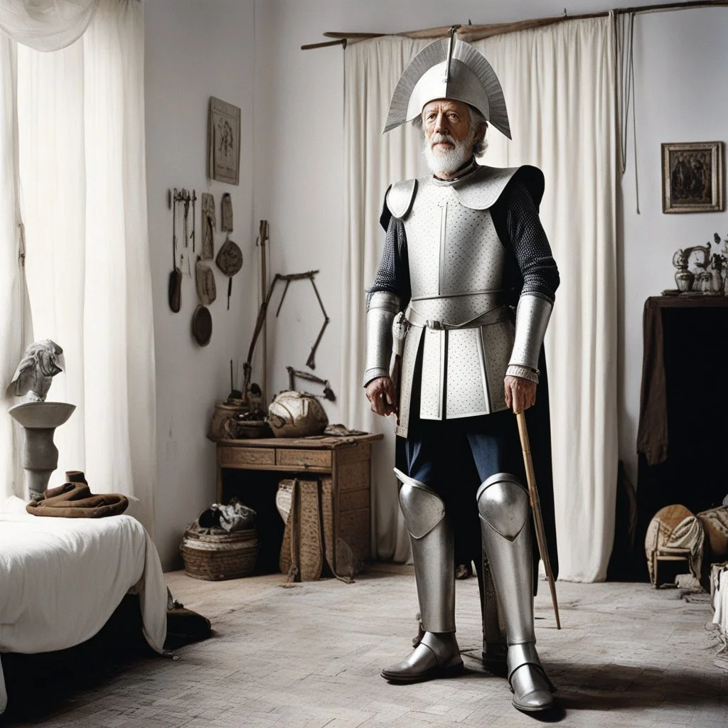 jean Rochefort standing in his bedroom as the don quixote of pablo picasso: he is foutraque, in half silver armour, a painted kabyle pot on his head, sandals on his feet, executing a sally walk