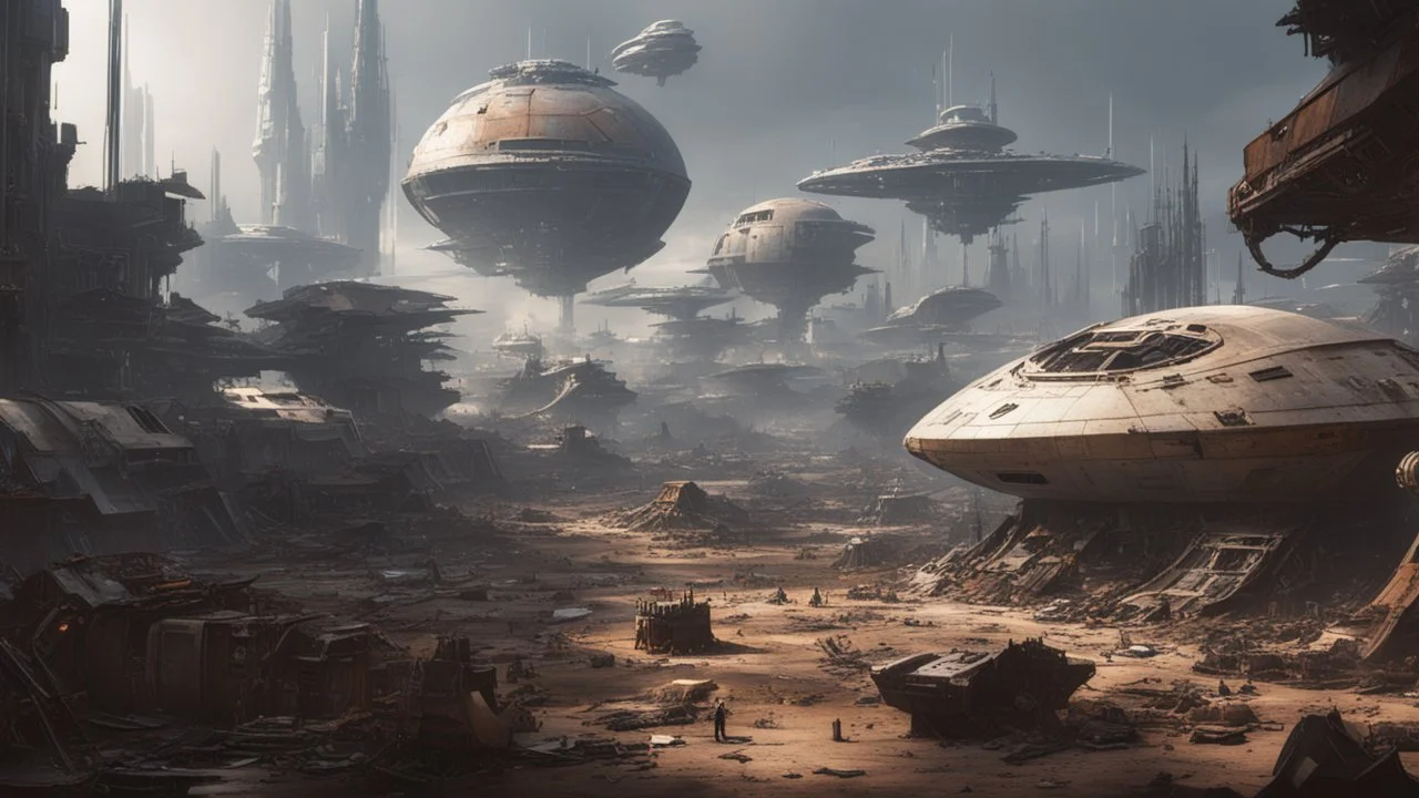 futuristic sci-fi clearing in a scrap yard for spaceships, surrounded by broken and rusty space ships and buildings from ground level, star wars