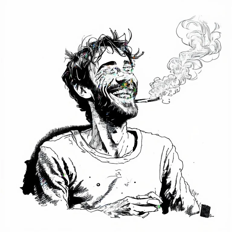 A man enjoying the intoxicating feeling from smoking weed, sketch