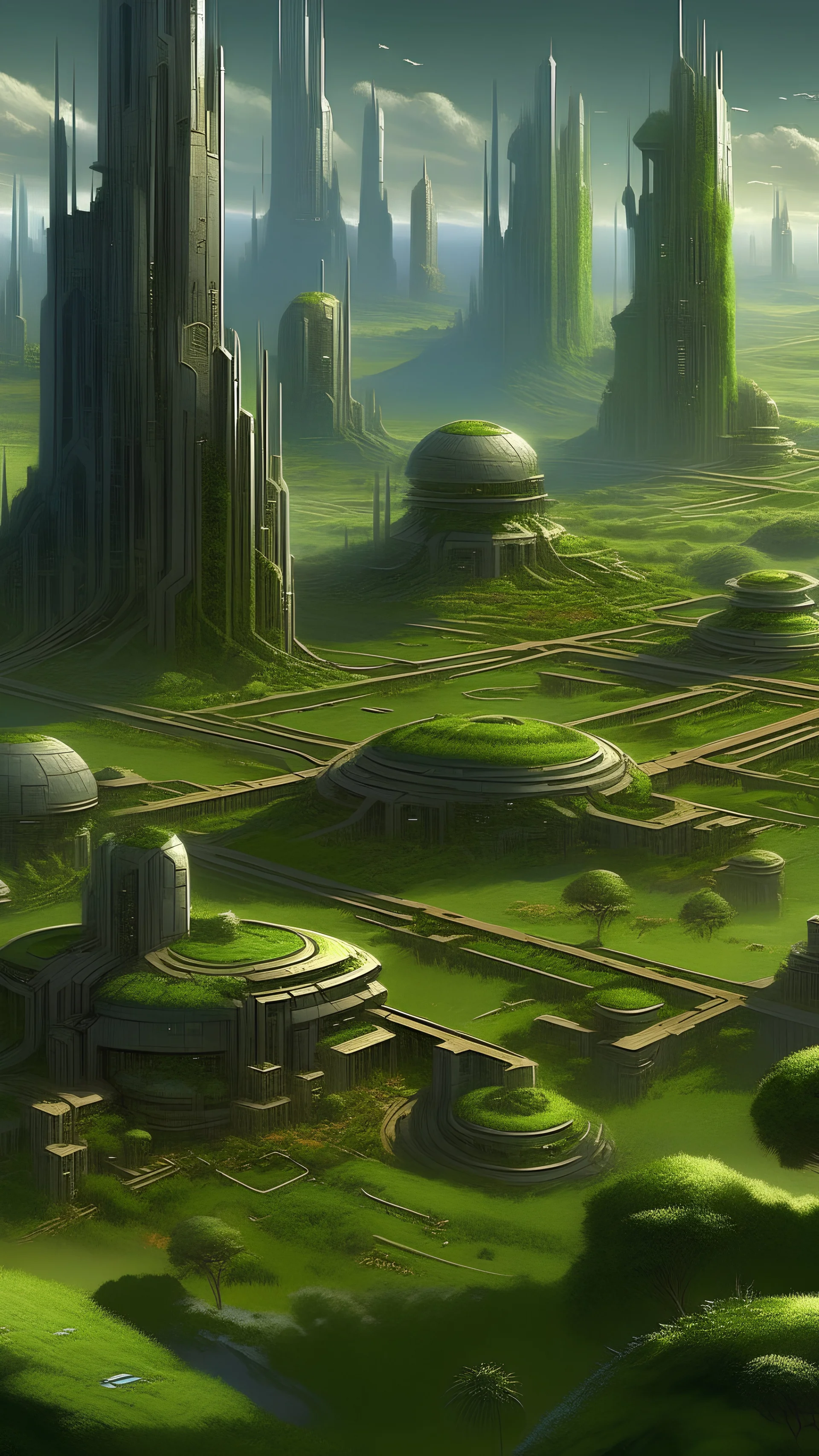 sci fi city, star wars inspired fortress, grassy, busy city