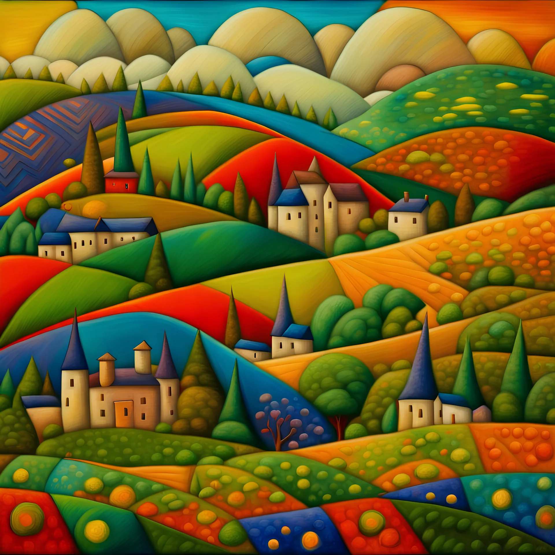 beautiful spring patchwork in the style of Raymond Briggs, Laurel Burch, Randolph Caldecott, Picasso. Modifiers: extremely detailed fantasy oil on canvas very attractive imperial colors fantastic view 4K 3D focused