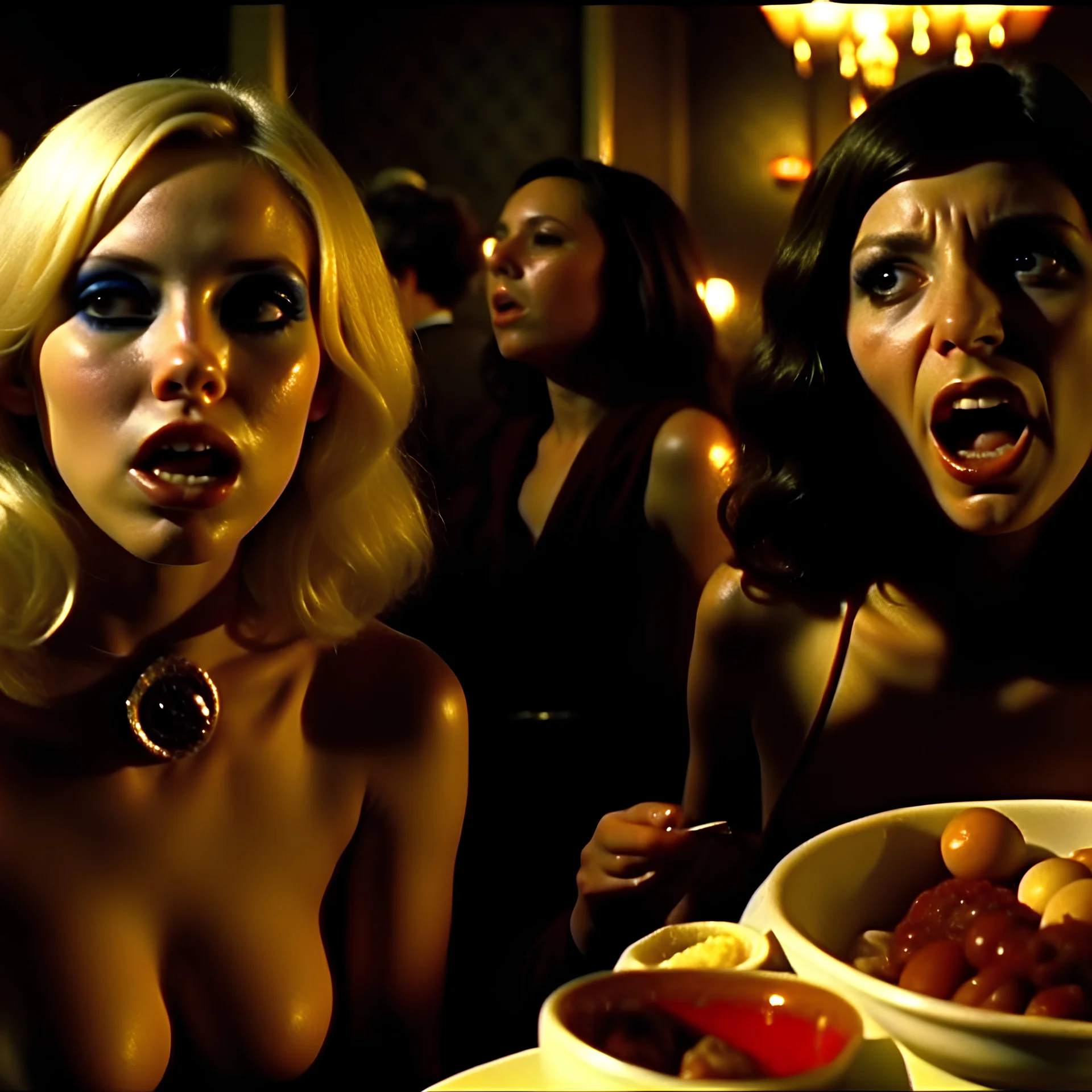 Horror movie shot, hot brast, ultra realistic, dine, horns, ultra chaos, realistic hot blonde women, party, pieces of meat, organs, hot dynamic, very excited people, hypermaximalist figures, light, 1970's Italian horror movie, sinister,, Dario Argento, Stanley Kubrik, ornate, 4k, photorealism