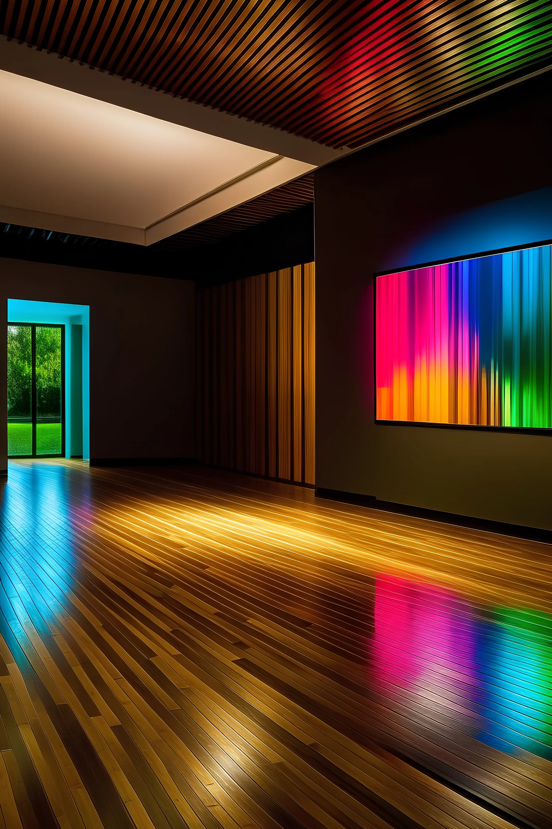 empty museum of digital art installation with big colorfull screen and wood floor
