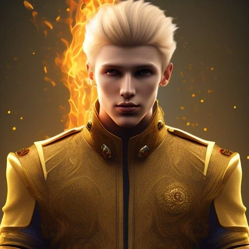 Male, Human, Blond, Sorcerer, Fire Mage, Golden Eyes, Young, Photorealism, Full Body Shot, Forest Background