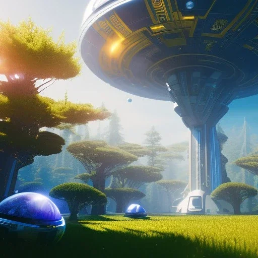 Spaceship landed on futuristic planet, sunny day. clear blue sky, cascade; trees. Elegant. Extremely detailed. Award winning photography. Fantasy. 8k. Cinematic lighting. Photorealistic. Dynamic lighting. Imperial colors. Crisp quality. Unreal Engine. Colourful cinematic postprocessing. Pixar. VRay.