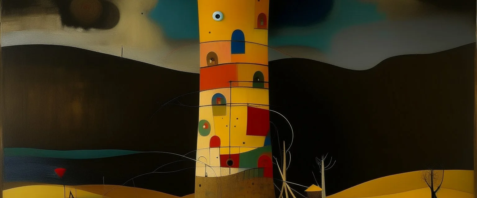 A tan tower in a windstorm designed in Kuna molas painted by Wassily Kandinsky