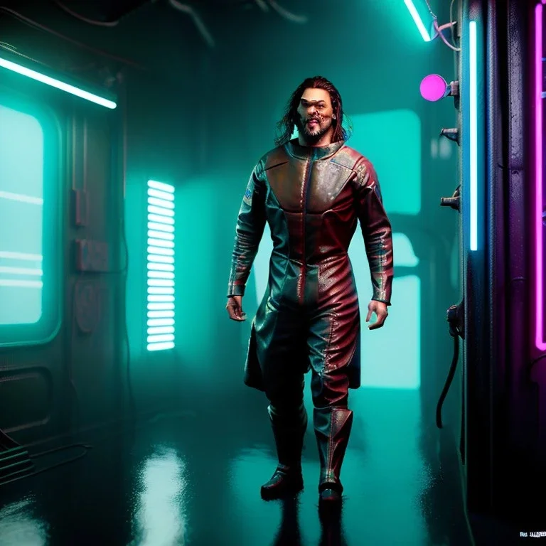 Actor, jason momoa, blade runner style, rain, fog, neon ambient, gradient color, clean skin, circuits, latex coat, cyber punk, neon, tubes, portrait, photo studio, unreal engine 5, smooth color, 16 bit, god lights, ray tracing, RTX, lumen lighting, ultra deatail, volumetric lighting, 3d, finely drawn, hd.