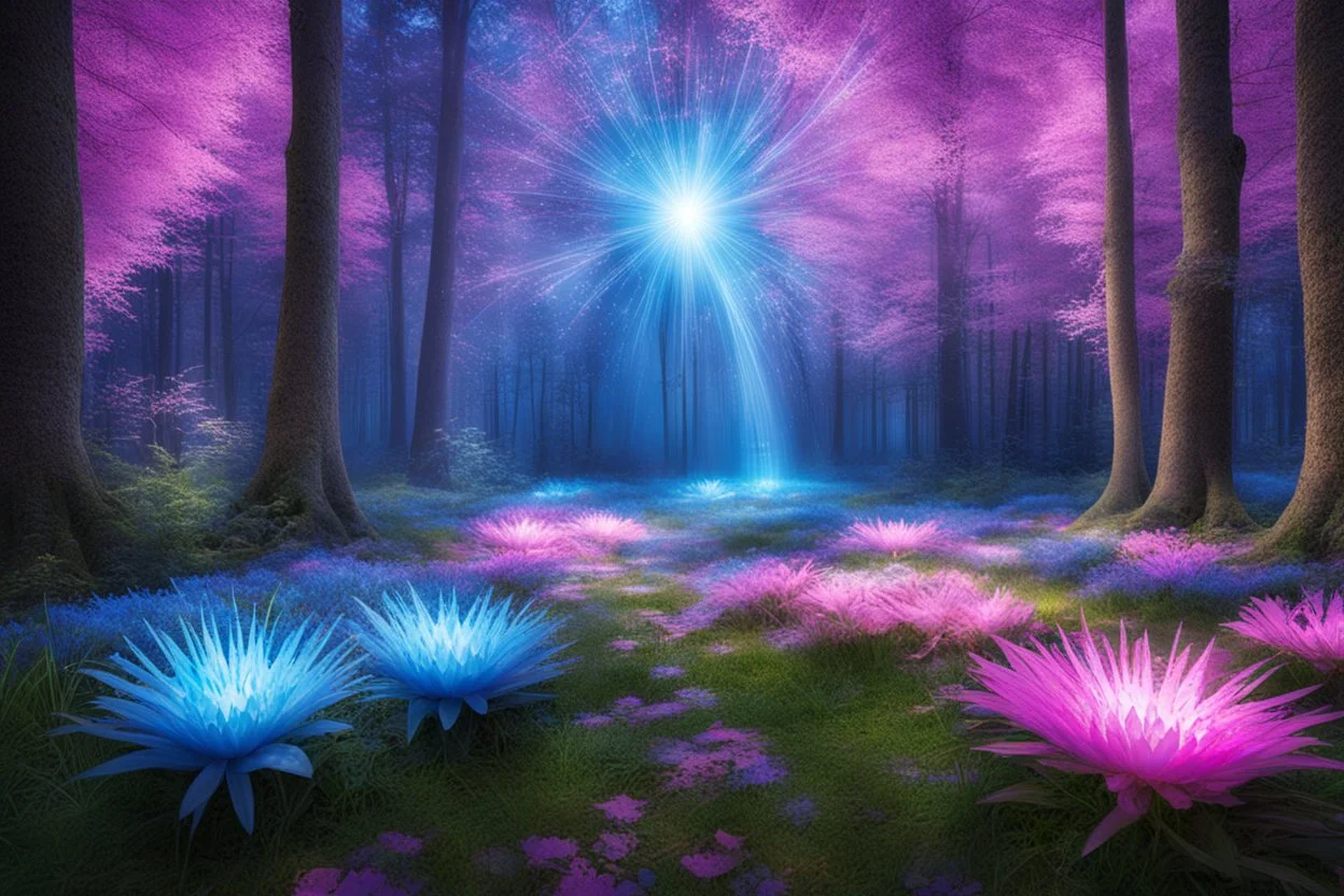 magic brightness tringle of light and bluebeam in a magic blue and pink lawn in a fairy forest, with lightness sky