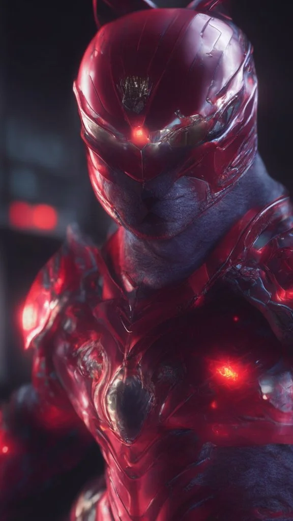 Iconic Cat-Man, Glowing red and silver, ultra-detailed armor, eye mask cat, dynamic shot, richly saturated colors, full stature, full body, cinematic atmosphere, global illumination, Octane rendering, hyper-realistic, unparalleled detail, 8K , concept art, physically based rendering, intricate textures, subsurface scattering, timeless masterpiece, AI enhanced, GAN, ray tracing, depth of field, neural network,