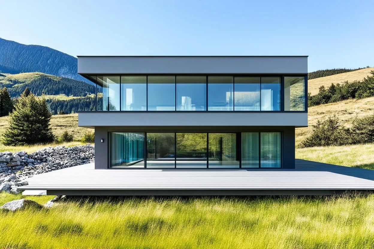 Modern, minimalist house located in a picturesque landscape. It is characterized by large glass windows and a clear exterior, providing an unobstructed view of the surrounding environment. It is built on a flat area surrounded by grass and rocks, with imposing mountains and trees in the background. The sky is clear, it is a serene and calm day, architecture, vibrant