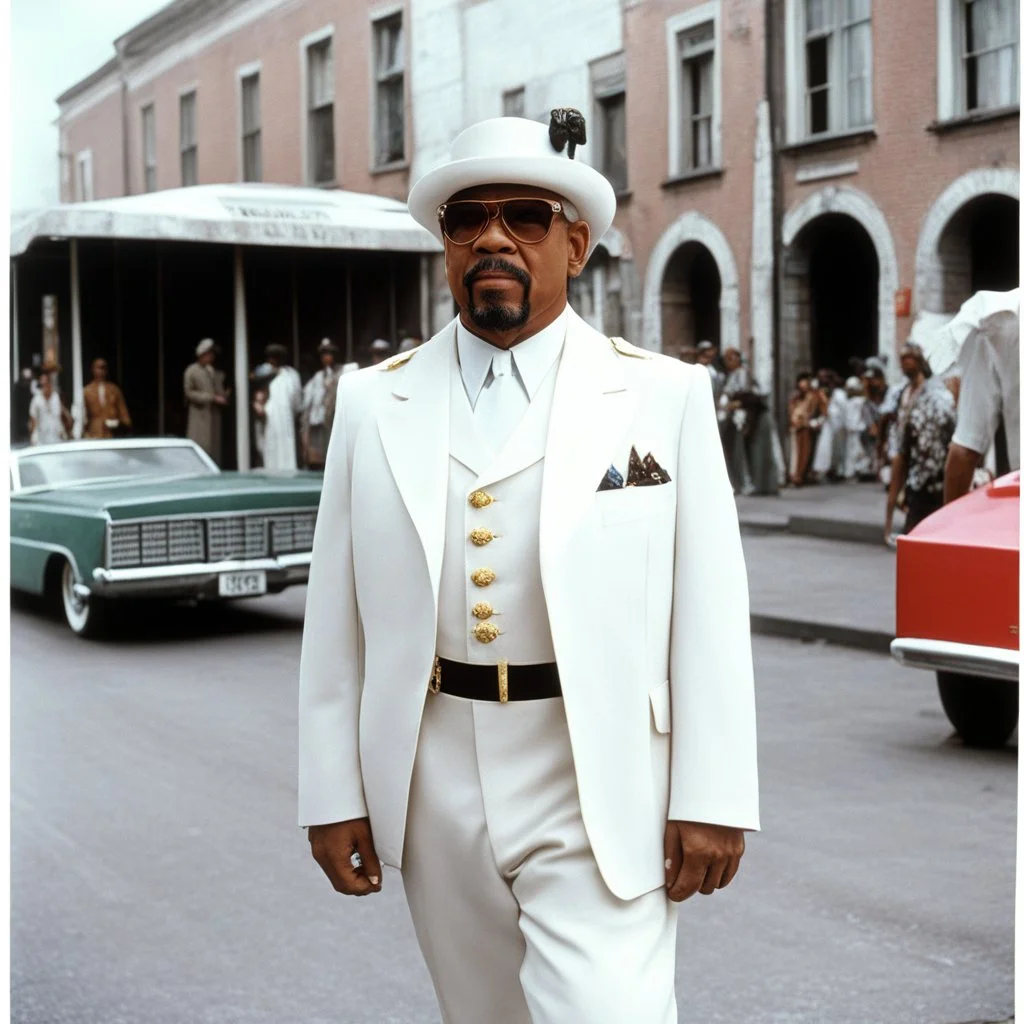 [Voodoo movie by Wes Anderson] Ice-T Fin Tutuola as colonel sanders in new Orlean, vintage 1970's photo