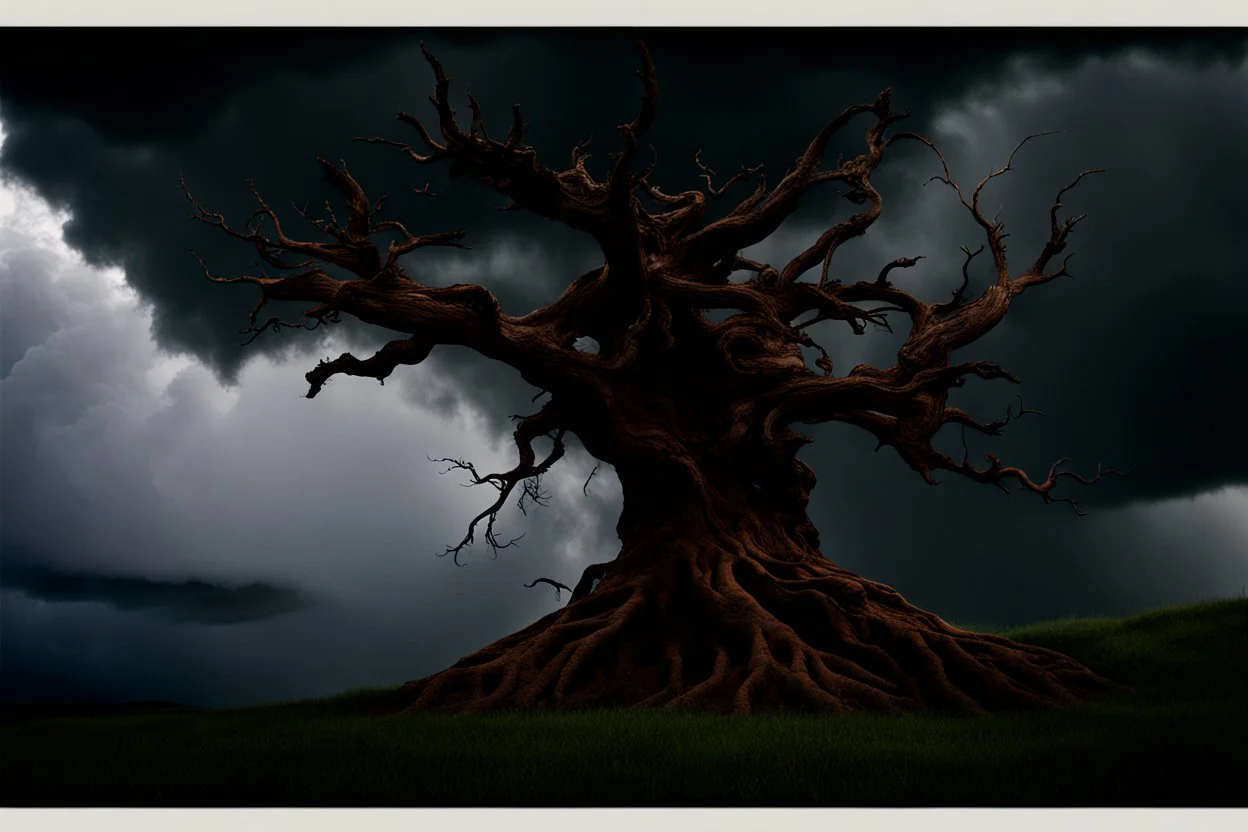 Prompt Share: editorial style photo of [old wizard|craggy tree:0.5] in front of storm clouds, photo-realistic, surreal