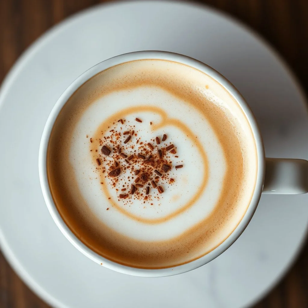 close up top-down view of a latte with a shape of a the milky way galaxy formed in the milky foam, cinnamon and chocolate shaving sprinkles, surreal, professional photography, looks like an advertising campaign photo, delicious