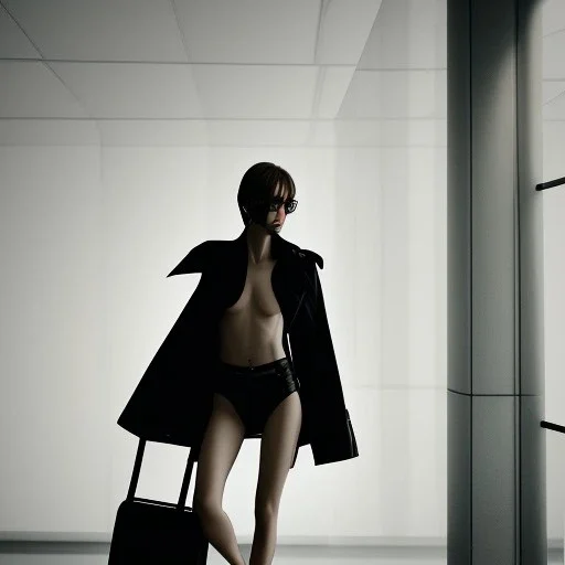 A tall slender naked young woman with short hair and a black trench coat longingly waiting for a lover at an airport