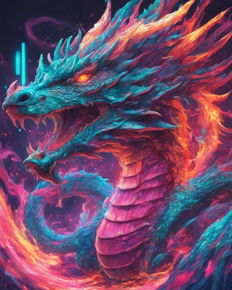 Close up shot, Dragon in a vibrant synthwave dreamscape, neon chaos swirling energetically around pixelated forms, a dynamic fusion of retro gaming nostalgia and futuristic abstraction