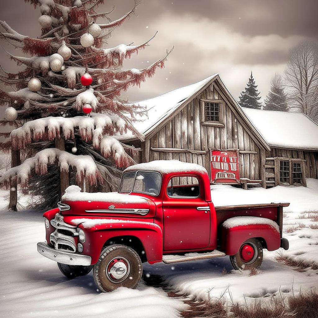 old vintage red Ford pickup truck with decorated Xmas tree in bed of the truck.. In the background is a weathered barn. Snow is falling. Mood is festive. "Take a little Xmas with where ever you go" is written on bottom.