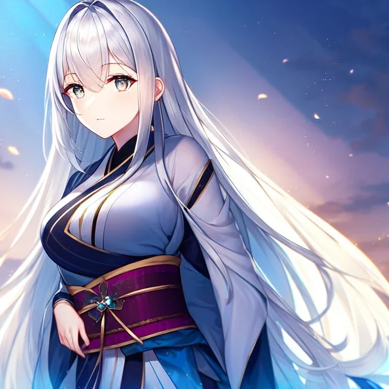 girl, masterpiece, best quality, volumetric lighting, detailed outfit, perfect eyes, long hair, silver hair, cyan eyes, obi,