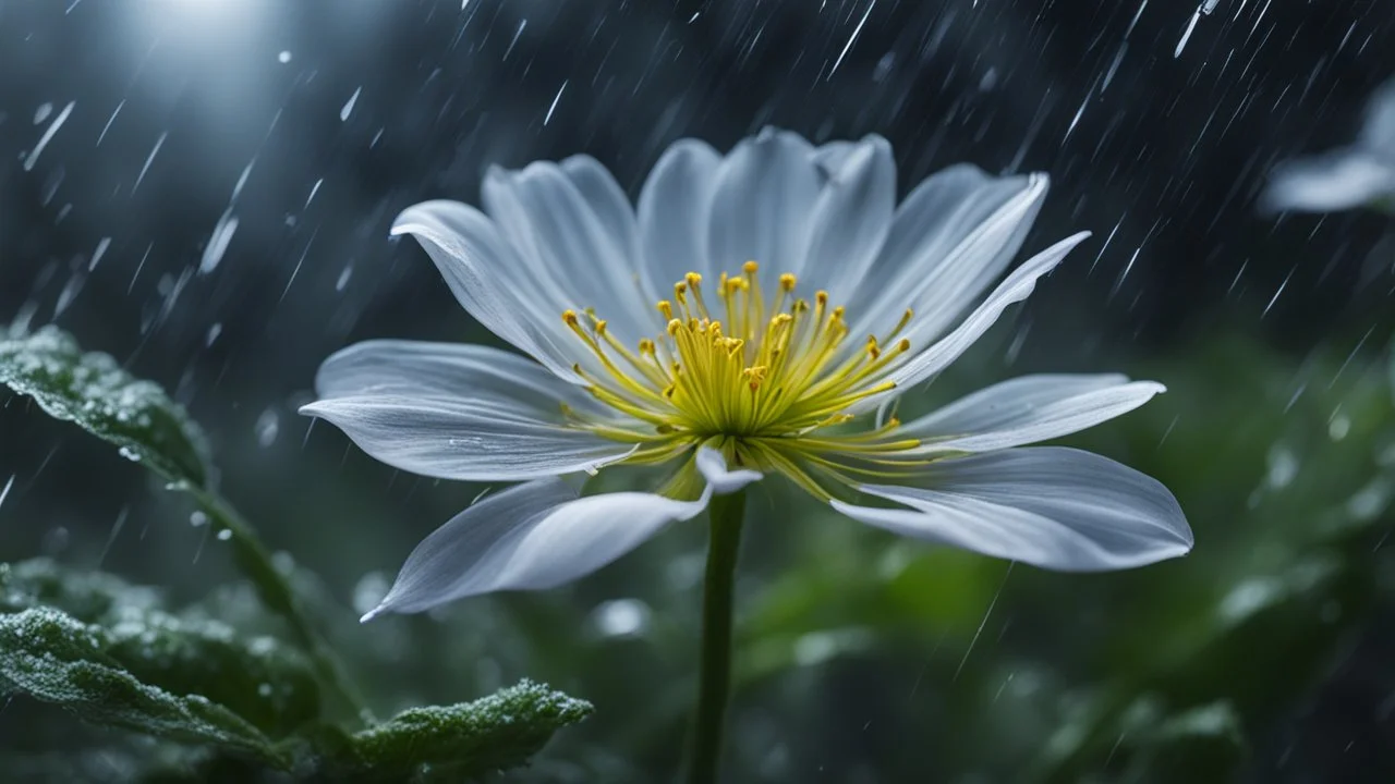 close-up of a fragile flower in a storm. in flower forest at night, perfect composition, hyperrealistic, super detailed, 8k, high quality, trending art, trending on artstation, sharp focus, studio photo, intricate details, highly detailed