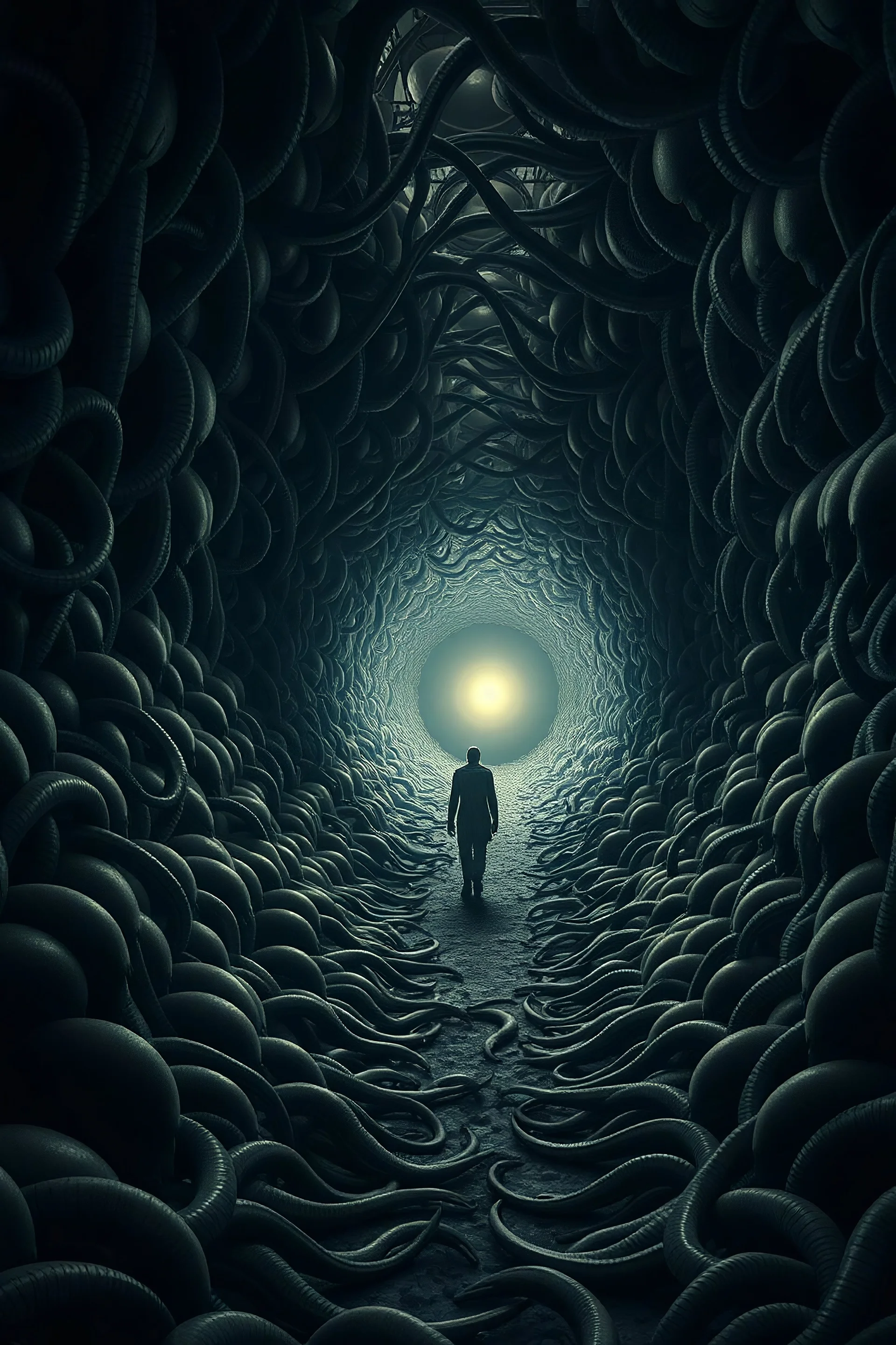 A surreal scene a tunnel-like structure filled with intertwined aliens figures. The tunnel is lined with countless writhing aliens bodies, creating a chaotic and nightmarish atmosphere. At the end of the tunnel, a solitary figure walks towards a distant light source, casting a glow that illuminates the scene. The overall color palette is muted with shades enhancing the ominous and unsettling mood. The level of detai