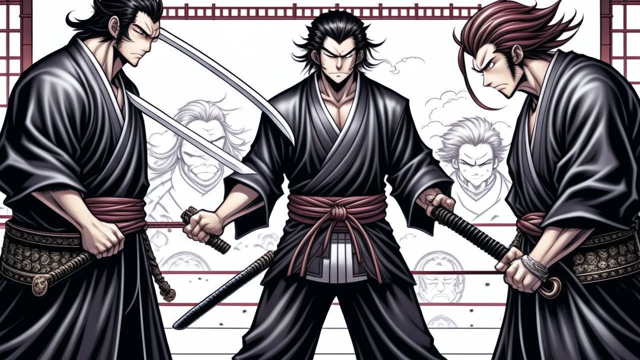 yujiro hanma vs yoriichi tsugukuni, baki vs kimetsu no yaiba, two mans standing in front of each other, a big strong man in black shirt with red hair and evil grin in martial art's stance facing a smaller feminine swordsman with long hair and calm face reaching for his sword in traditional japanese clothes both preparing to fight each other