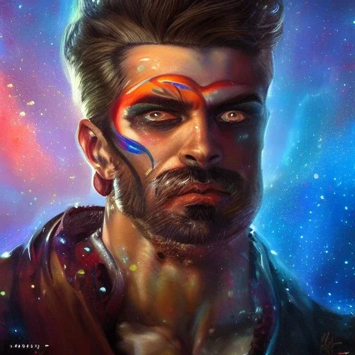 head and shoulders portrait, arthur kulkov, Russian, anime, circus, male, ringleader, muscular, man, strong, detailed matte painting, deep color, fantastical, intricate detail, 8k resolution concept art portrait by Greg Rutkowski, yoji shinkawa dreamscape, mystical colors, Golden hour, colorful galaxy foreground, lisa frank fantasy, neon pastel color palette, beautiful colorful interesting detailed storybook fantasy