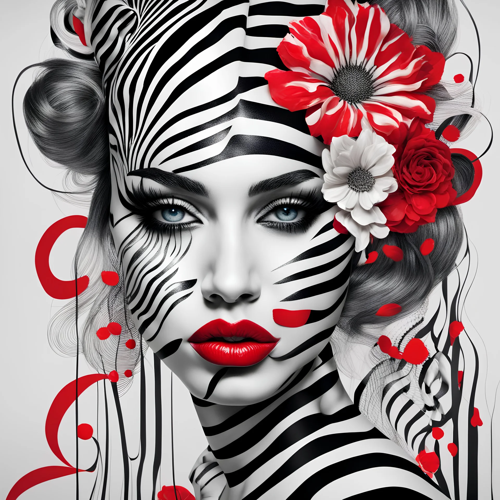 A surreal creation of a portrait of a particularly beautiful and attractive woman whose face is made of black and white lines like a zebra, beautiful and big red lips, touches of decorations and red flowers, a work of art, an art with a vision