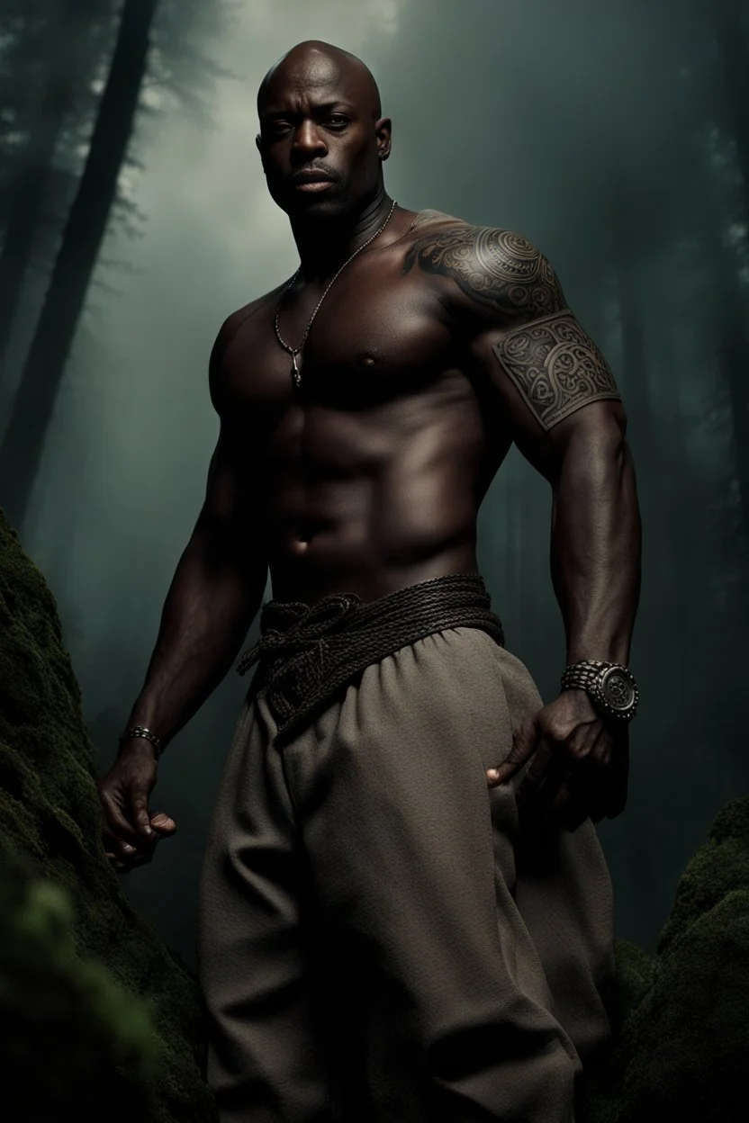 Alimi Ballard Very muscular man bald with tribal tattoos bare chested in forest, realistic face, close-up, dark fantasy, smoke in the sky, intricate details, hyper detailed