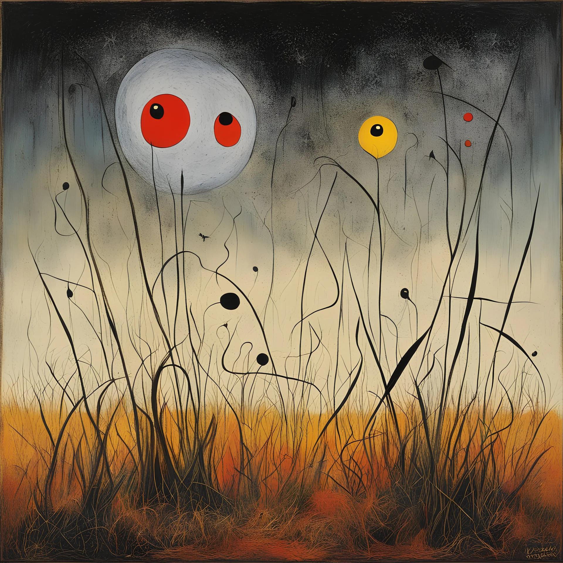 Style by Joan Miro and Justin Gerard, abstract art, no faces and no people, shine crazy diamond, lunatic grass textures, surreal masterpiece, harsh juxtaposition of the uncanny and the banal, sharp focus, smooth