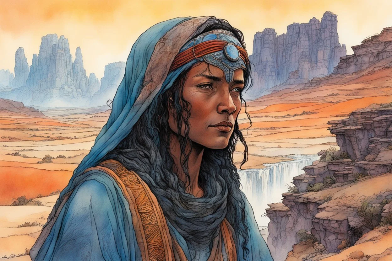 create an ink wash and watercolor portrait of a nomadic tribal shepherdess with highly detailed, delicate feminine facial features, inhabiting an ethereal tropical canyon land in the comic book style of Jean Giraud Moebius, David Hoskins, and Enki Bilal, precisely drawn, boldly inked, with vibrant colors