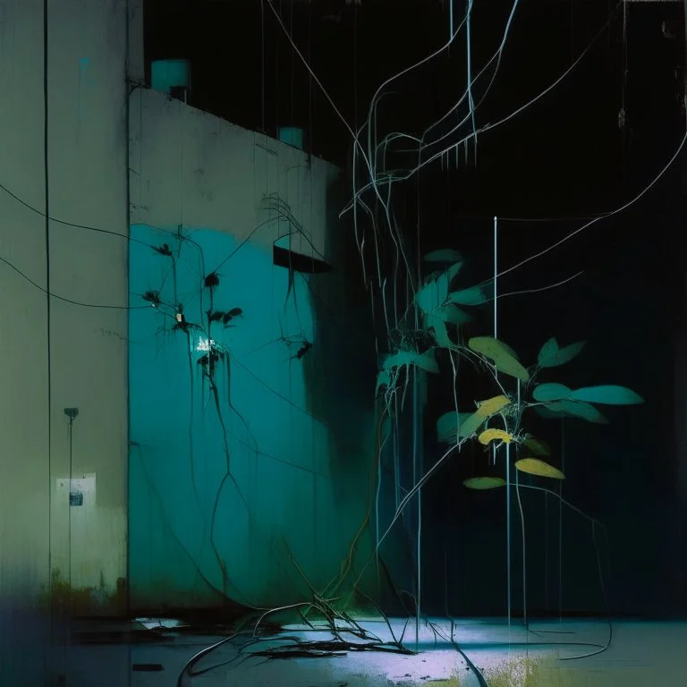 Minimal abstract oil painting of a plants in concrete warehouse brutalist architecture and hanging wires illuminated at night. With triadic colours. In the style of Justin Mortimer and Phil Hale, Ashley Wood