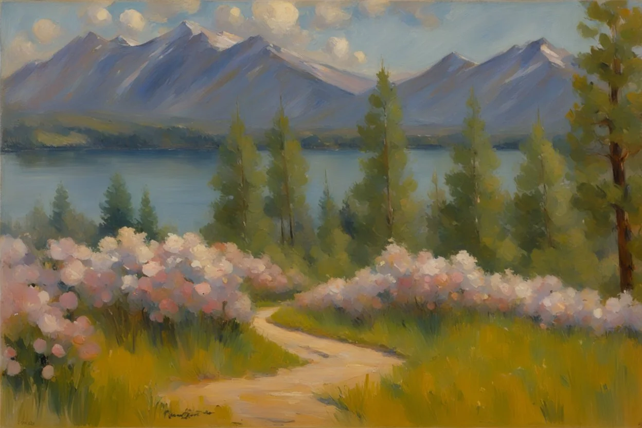 Sunny day, mountains, flowers, pathway, pine trees, lake, distant trees, theodore robinson impressionism painting