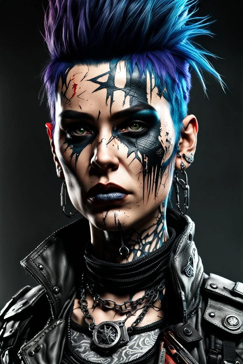 create a full body hyper realistic 3d, 8k portrait of a raggedly dressed, post apocalyptic, female goth punk scavenger , with highly detailed and deeply cut facial features, searing lines and forceful strokes, precisely drawn, boldly inked, with gritty textures, vibrant colors, dramatic otherworldly lighting