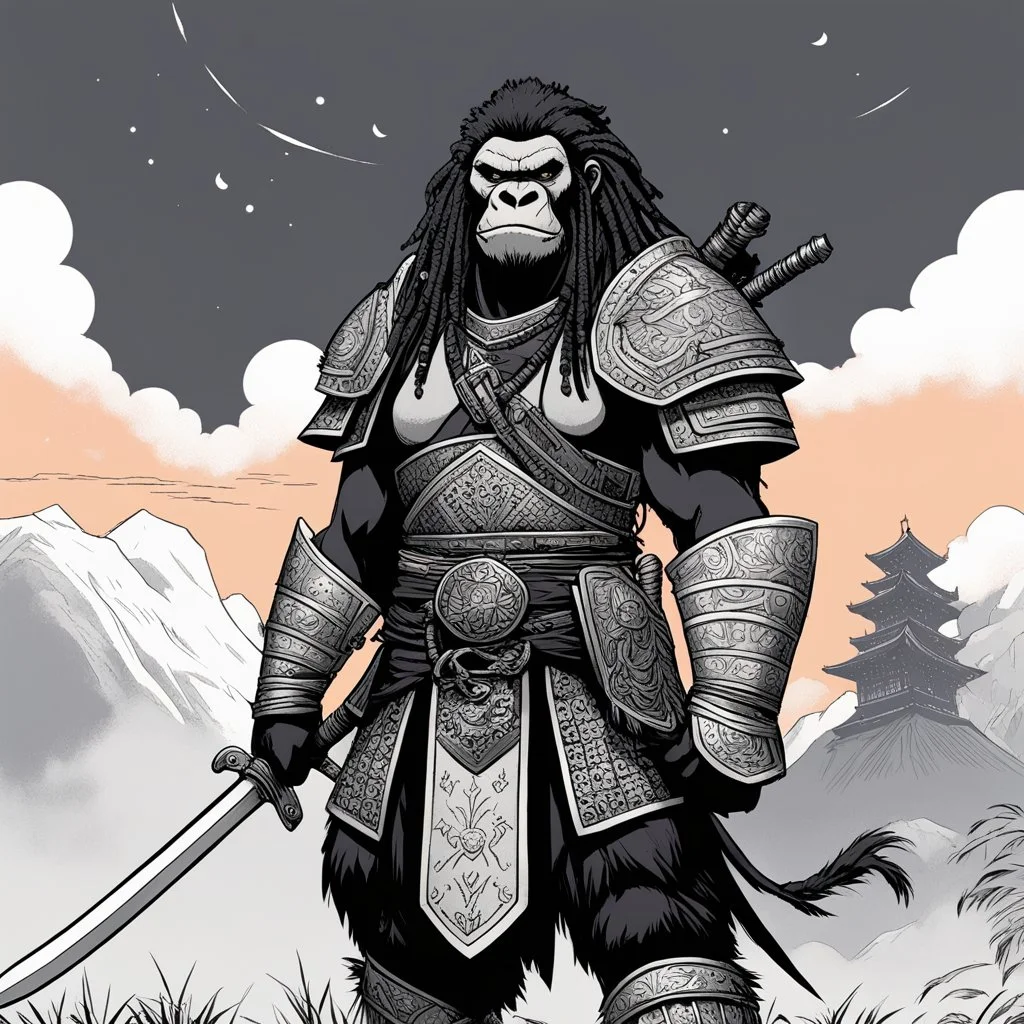 [comics Head Lopper style by Andrew MacLean] a gorilla female with dreadlocks, clad in intricate samurai armor, stood poised on high guard, her keen eyes scanning the horizon for any sign of danger. In her powerful grip, she wielded a gleaming katana, its blade reflecting the light with a deadly glint.