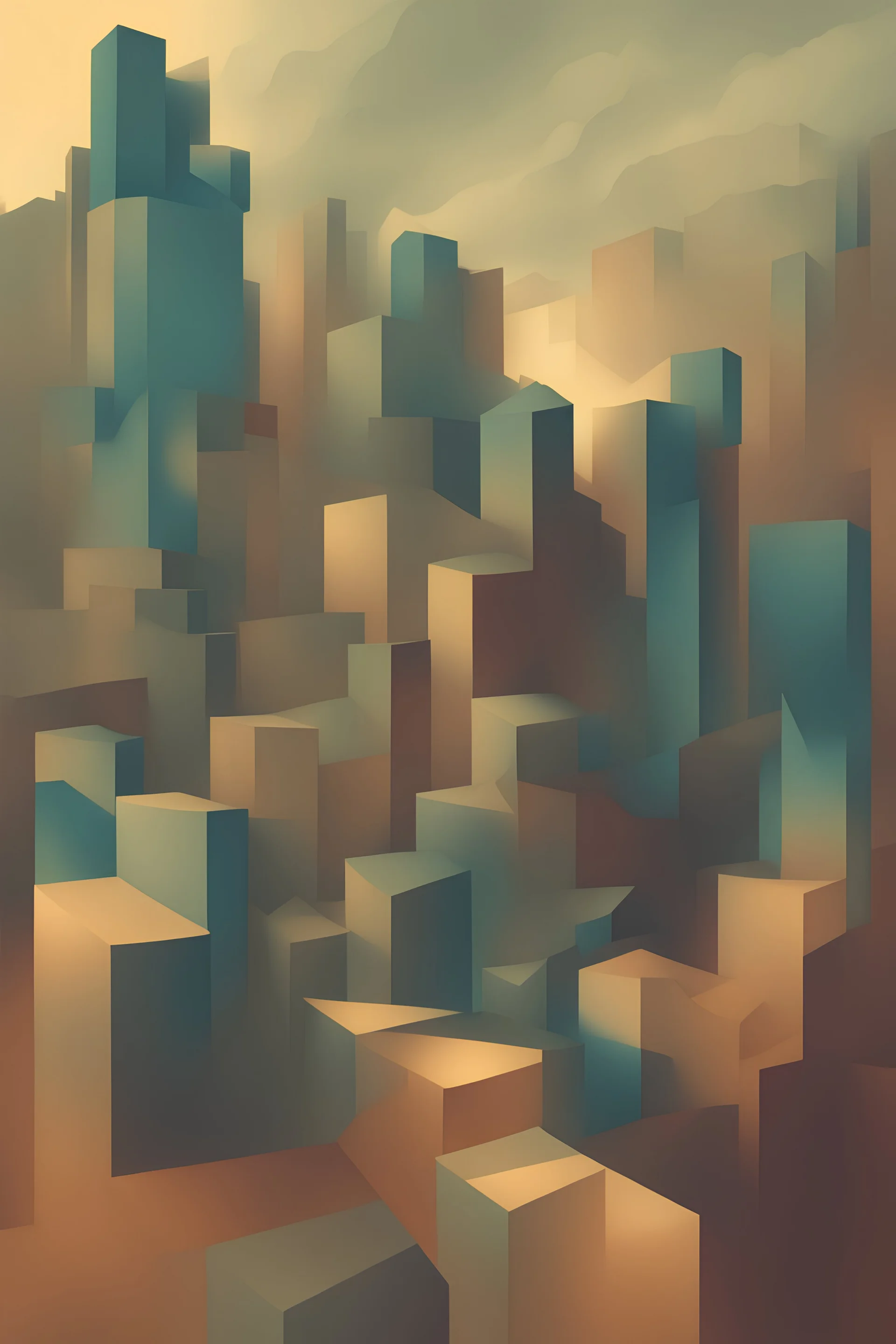 Create a unique digital cubist art painting depicting a landscape made of overlapping geometric planes and shapes in muted color hues reminiscent of works Beksinski