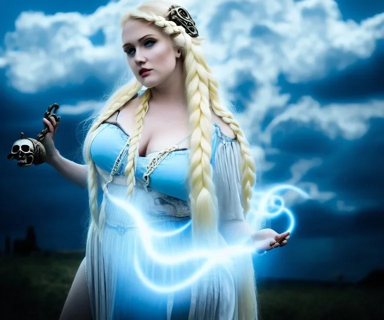 Very sensual gorgeous curvy young white woman blonde hair maiden dressed in blue posing sensually with plaits, and with a skull in her hand, background of ancient marble Roman arcs heavenly sunshine beams divine bright soft focus holy in the clouds steampunk engine steampunk engine.