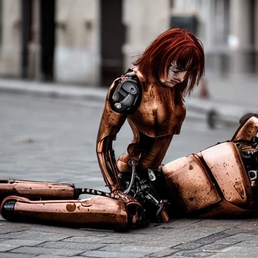 Rusty female cyborg laying in the streets sad and lonely, crying,