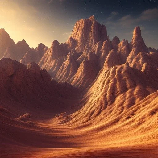 desert, great mountains, wind, night sky, landscape, high detailed, hyperrealisme, sharp focus