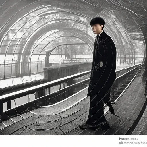 A young Asian man with long hair and a black trench coat waiting for a woman at a train station in Tokyo