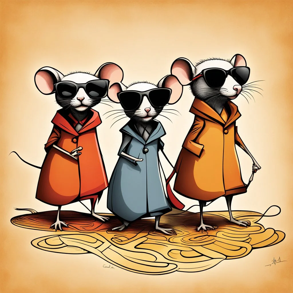 Three blind mice, dark sunglasses, dramatic, warm colors, dynamic diagonal composition, by Joel Pett and Ben Goossens, color ink illustration, concept art, warm colors, opulent shadows, by Colin McCahon